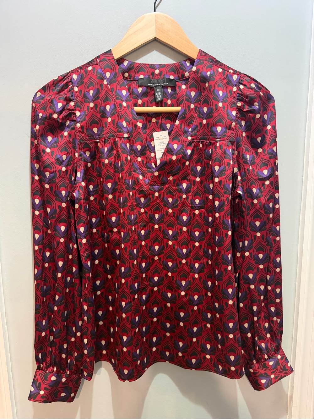 White House Black Market Burgundy and Purple Geometric Satin Blouse